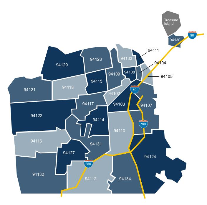 Map of San Francisco postcode: zip code and postcodes of San Francisco